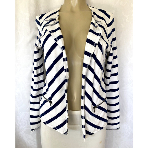DREW Anthropologie Blue Navy White Stripe Cotton Blazer Jacket Open Long… - Picture 1 of 4